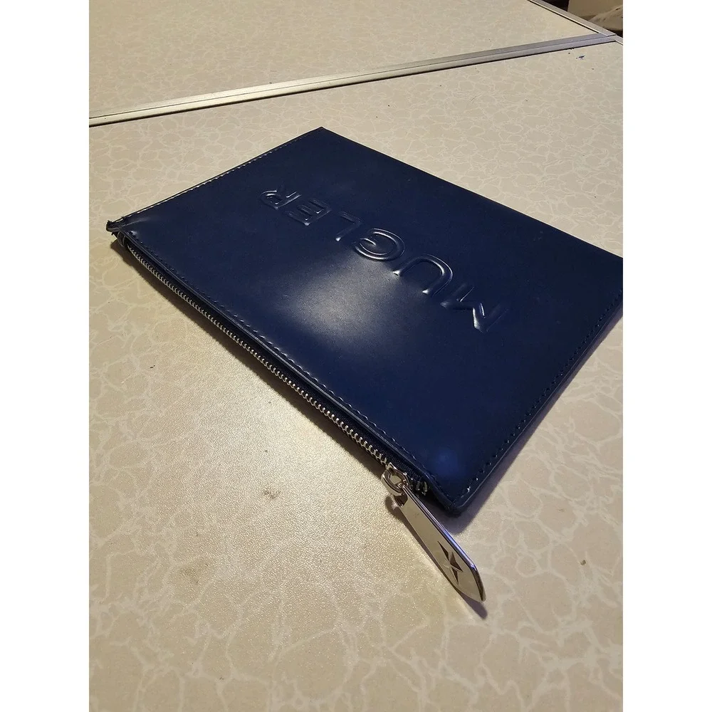 Mugler Navy Blue Embossed Logo Zippered‎ Pouch Cosmetic Bag Clutch